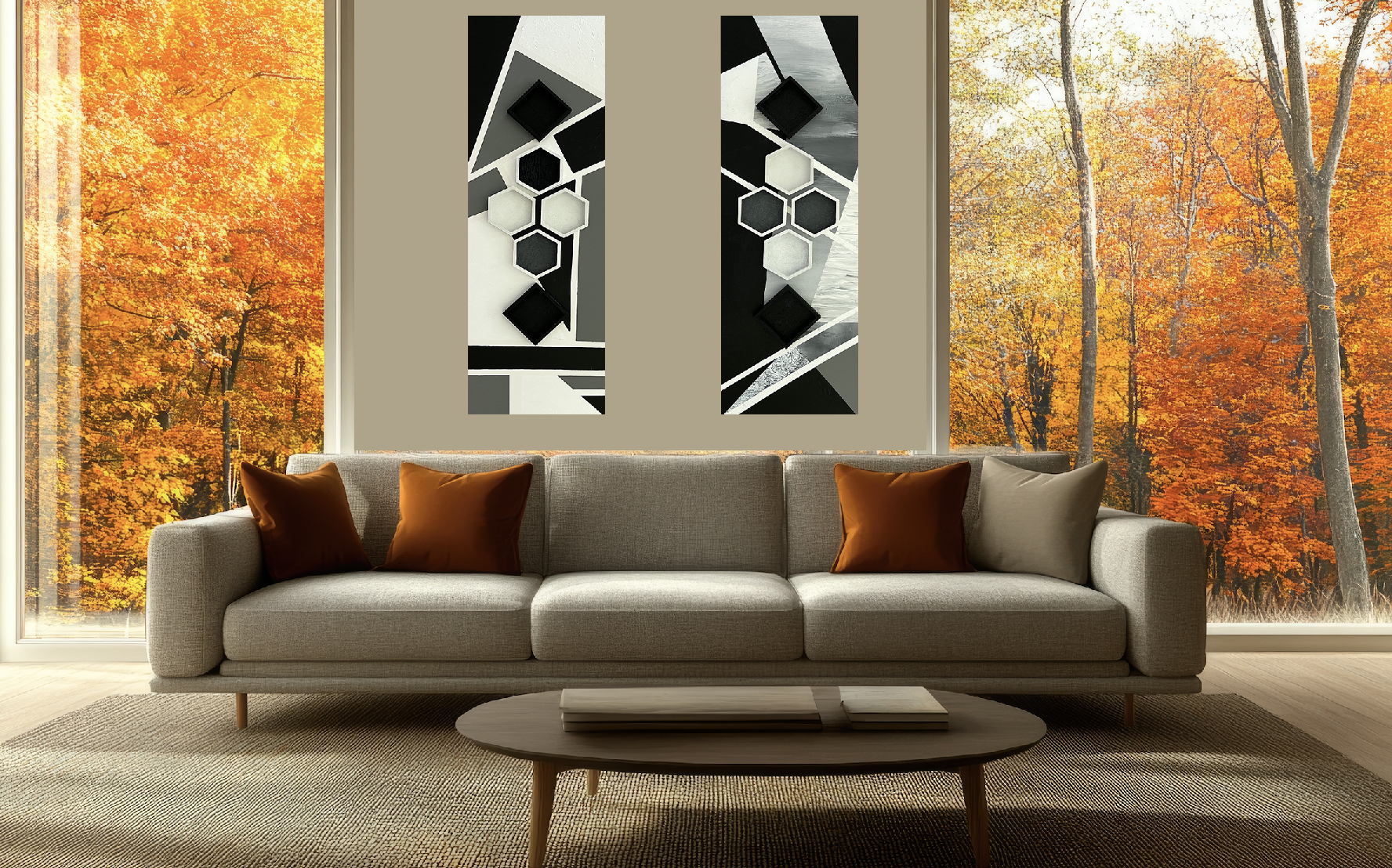 GEOMETRIC ABSTRACT II 図案 幾何学絵画 テキスタイル見本帳 Geometric Abstract Mid Century Art in Beige Black Green Orange